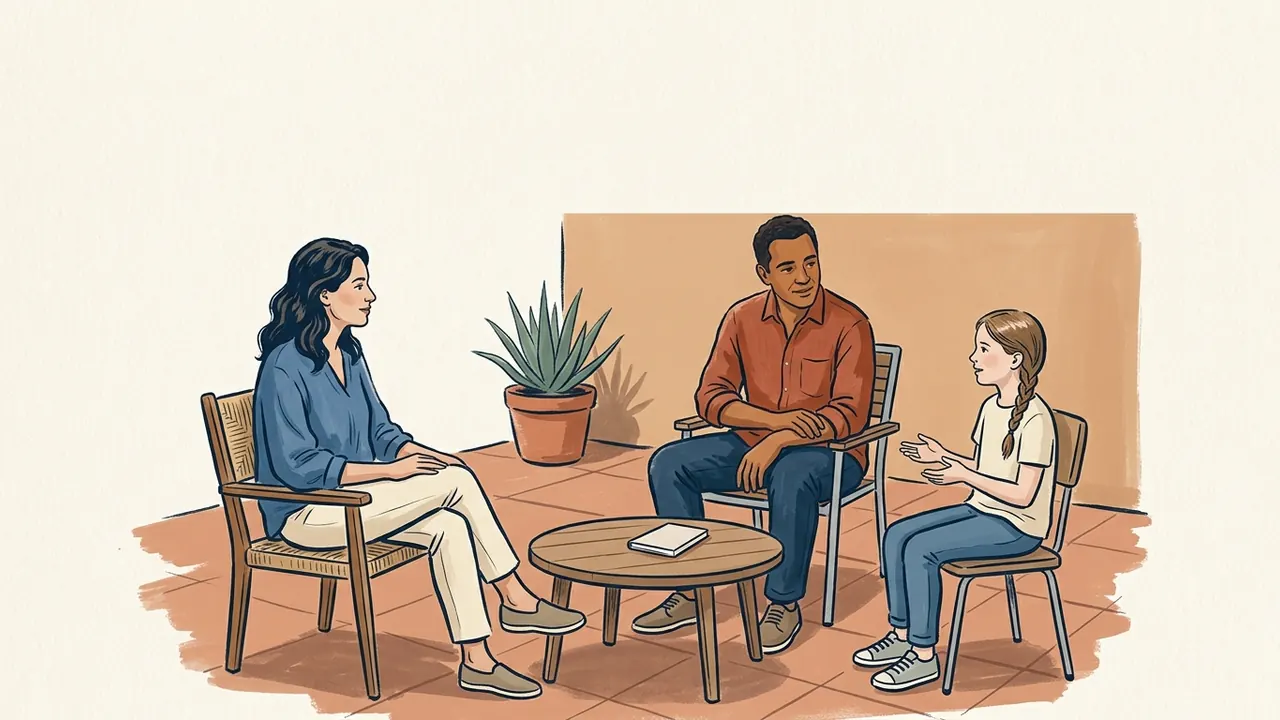 Dos adultos y una niña conversan sentados en un patio, alrededor de una mesa con un cuaderno.