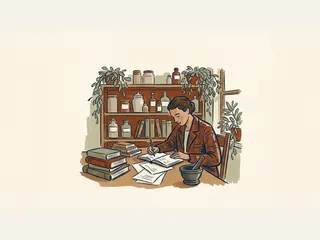Una profesional consulta y anota en un cuaderno junto a libros, frascos y un mortero.