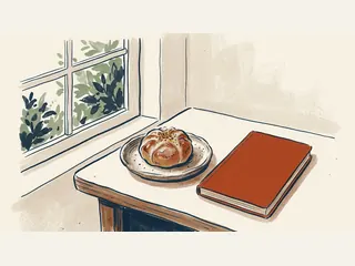 Un dulce artesanal redondo y un cuaderno cerrado sobre una mesa junto a una ventana.