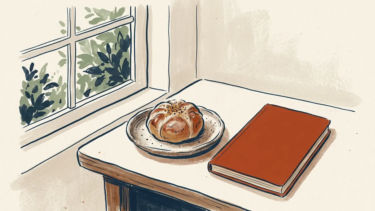 Un dulce artesanal redondo y un cuaderno cerrado sobre una mesa junto a una ventana.