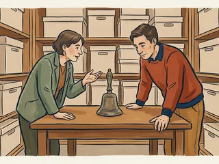 Dos personas conversan junto a una campana en un archivo cultural ficticio.
