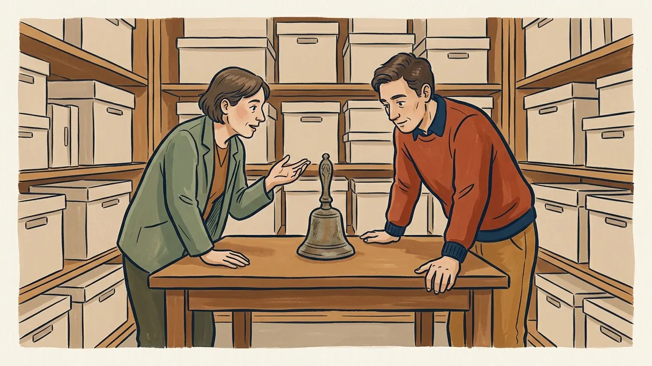 Dos personas conversan junto a una campana en un archivo cultural ficticio.