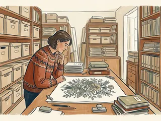 Una persona observa un dibujo floral sobre una mesa de archivo.