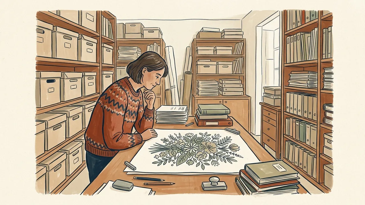 Una persona observa un dibujo floral sobre una mesa de archivo.