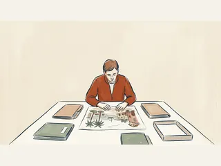 Una persona observa una ilustración de una plaza costera imaginaria en una mesa de lectura.
