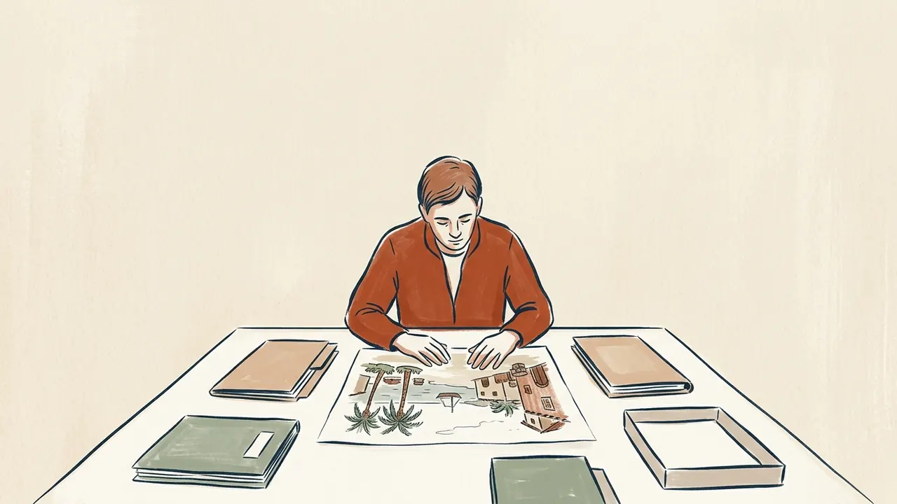 Una persona observa una ilustración de una plaza costera imaginaria en una mesa de lectura.