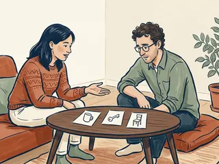 Dos personas conversan sobre tres tarjetas con dibujos de una taza, una llave y una silla.