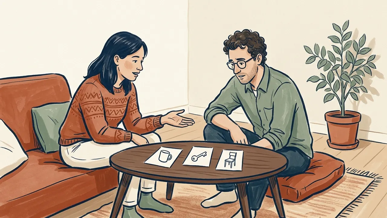 Dos personas conversan sobre tres tarjetas con dibujos de una taza, una llave y una silla.
