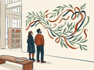 Dos personas contemplan una composición decorativa de ramas y cintas de colores.