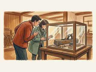 Dos personas observan una herramienta de carpintería en una vitrina de museo ficticio.