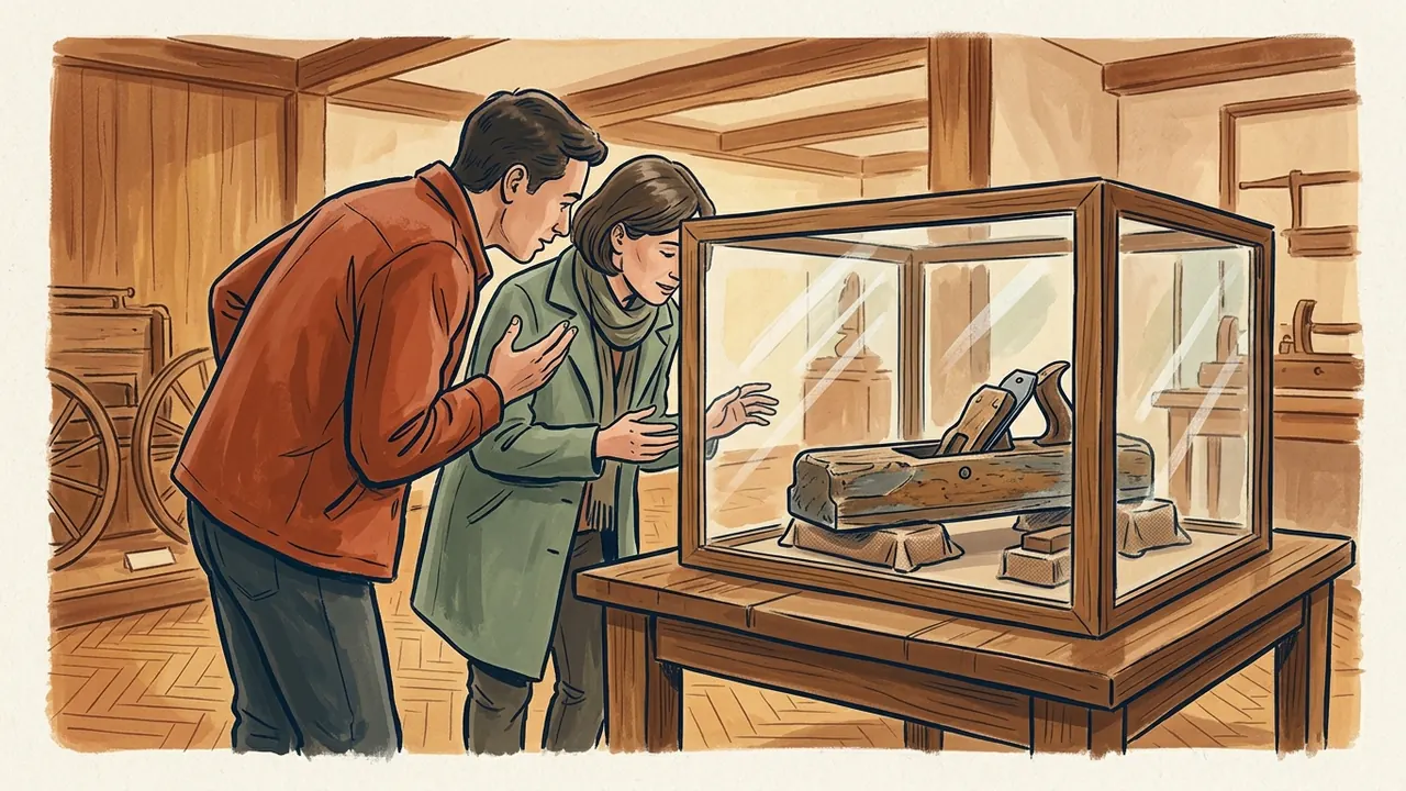 Dos personas observan una herramienta de carpintería en una vitrina de museo ficticio.