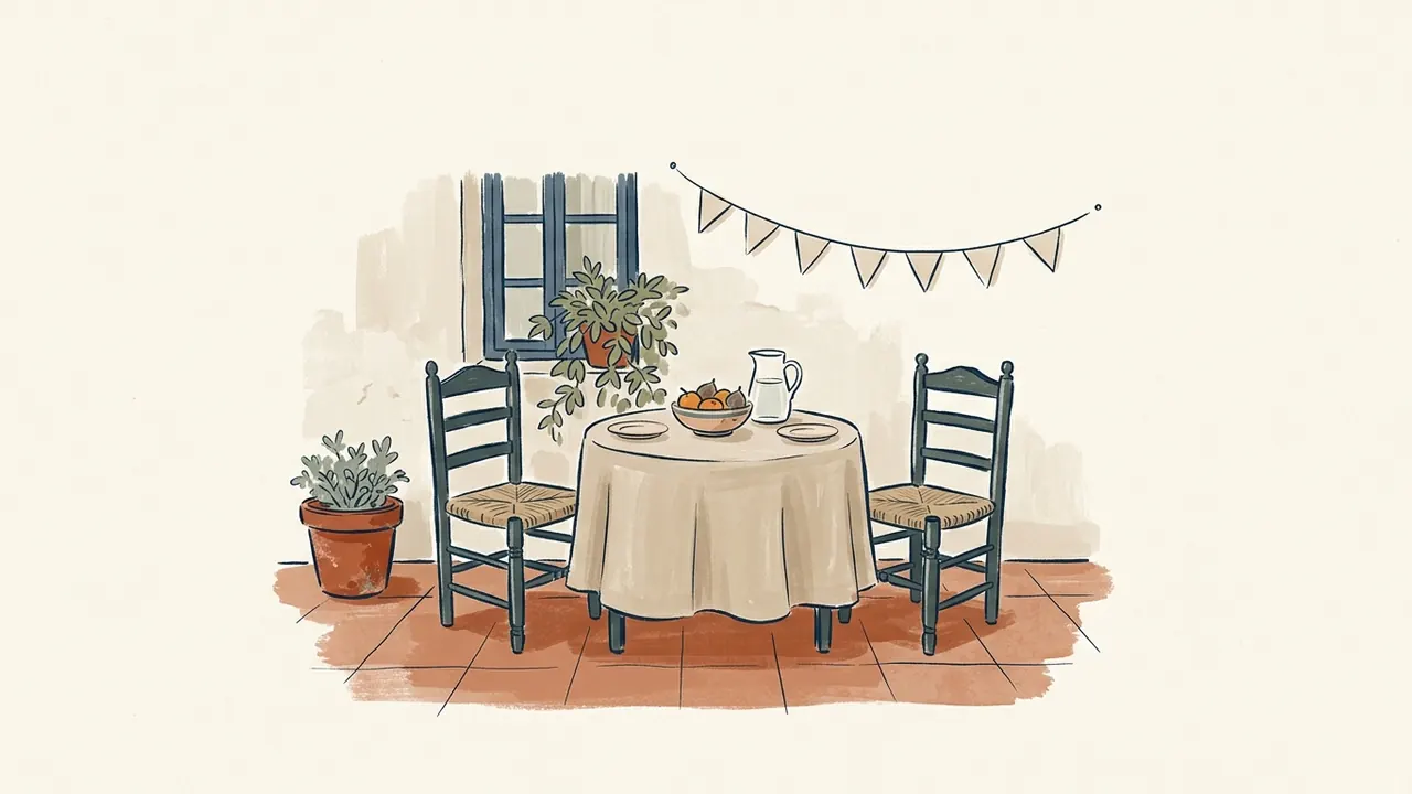 Una mesa con fruta, platos y una jarra de agua entre dos sillas de un patio decorado con una guirnalda.