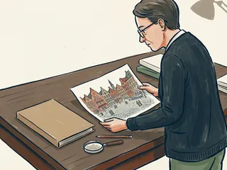 Una persona observa un dibujo de una plaza con fachadas escalonadas junto a una carpeta lisa.