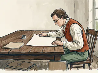 Una persona consulta una hoja sin escritura en una sala de archivo ficticia.