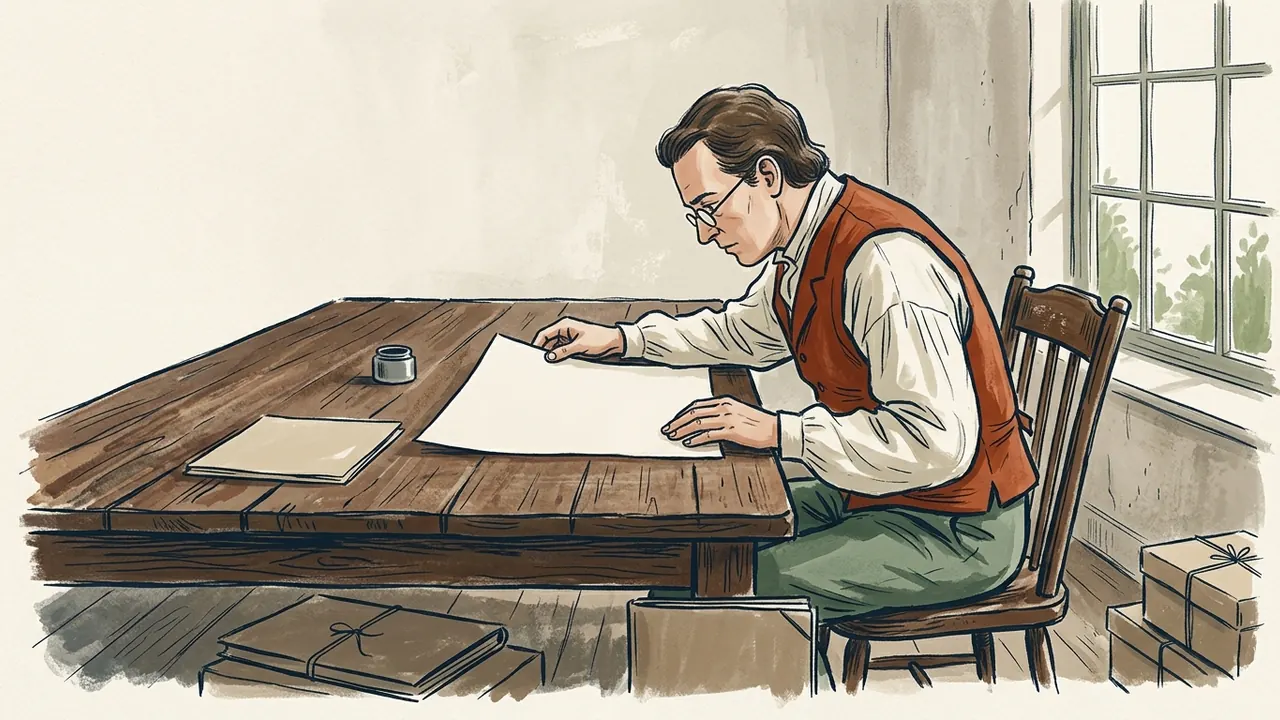 Una persona consulta una hoja sin escritura en una sala de archivo ficticia.