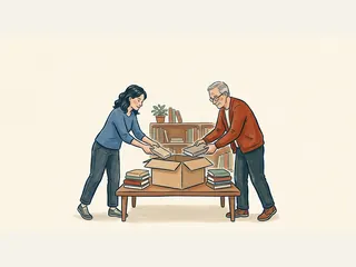 Dos personas organizan libros en una caja sobre una mesa de una sala comunitaria.