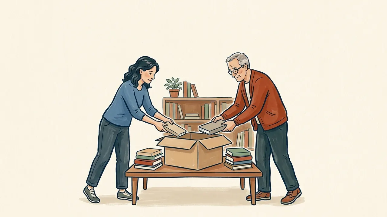 Dos personas organizan libros en una caja sobre una mesa de una sala comunitaria.