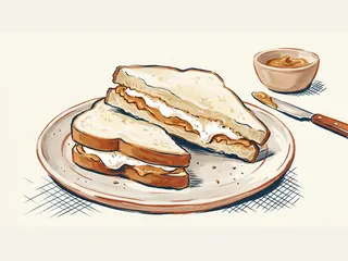 Dos mitades de sándwich con crema de cacahuete y crema blanca de malvavisco sobre un plato.