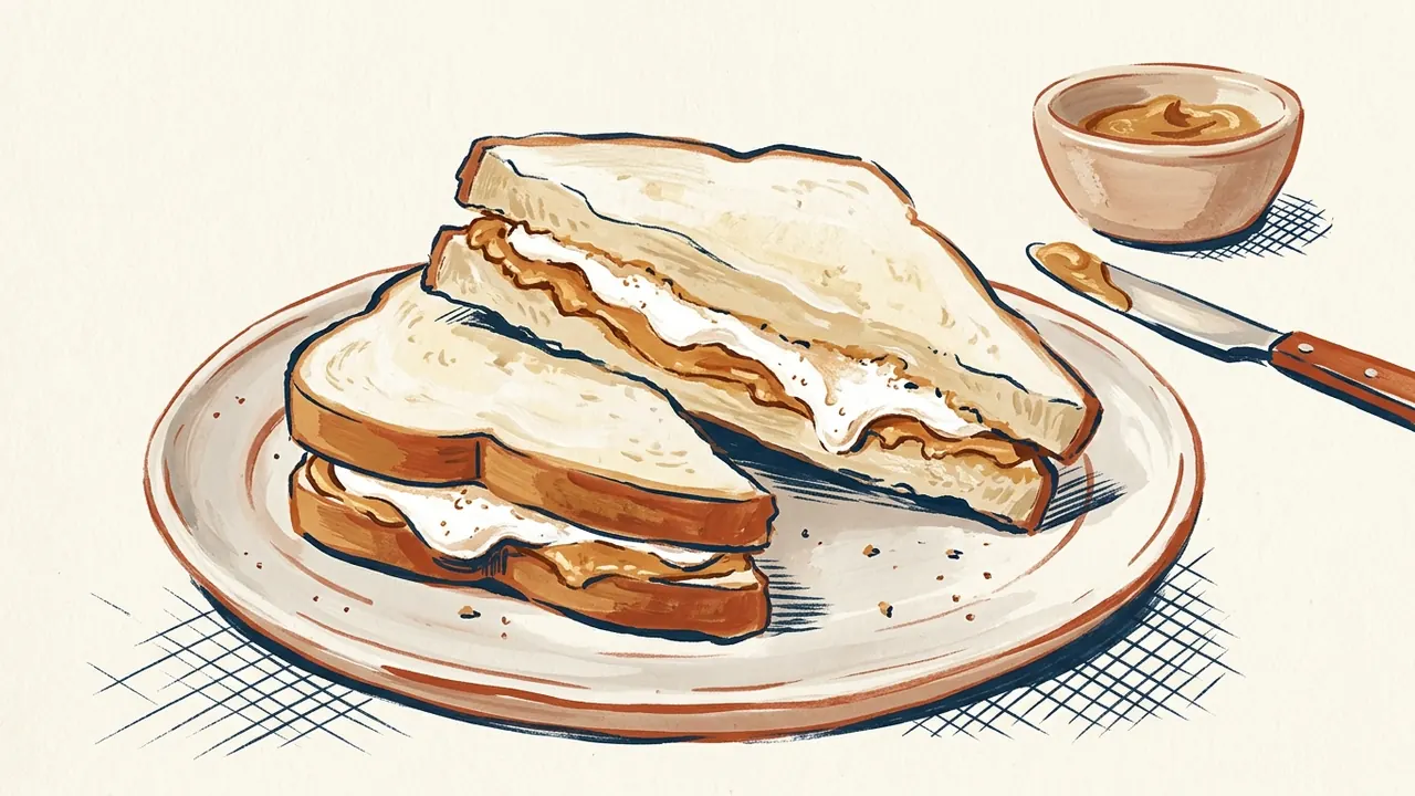 Dos mitades de sándwich con crema de cacahuete y crema blanca de malvavisco sobre un plato.
