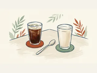 Dos vasos de bebidas frías, uno de café oscuro con espuma y otro de batido claro, junto a una cuchara.