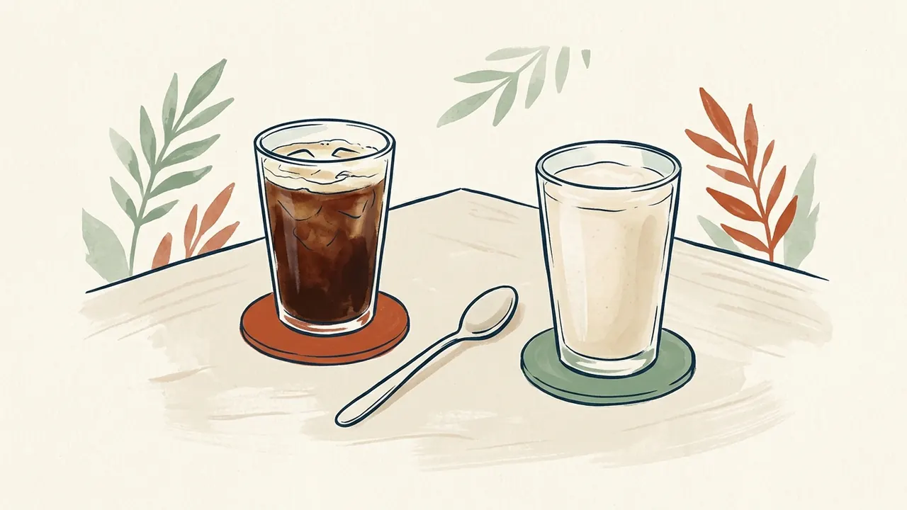 Dos vasos de bebidas frías, uno de café oscuro con espuma y otro de batido claro, junto a una cuchara.