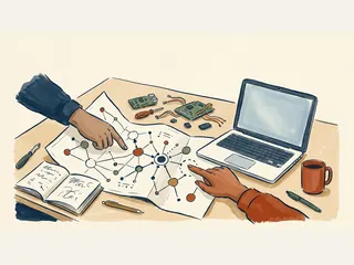 Dos manos señalan un diagrama abstracto de nodos sobre una mesa con un portátil y componentes electrónicos.