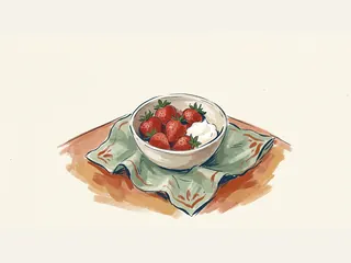 Un cuenco con fresas y nata sobre una servilleta verde.