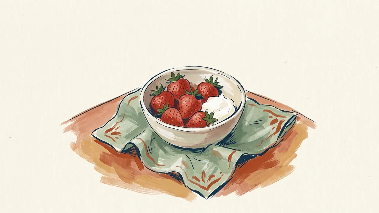 Un cuenco con fresas y nata sobre una servilleta verde.