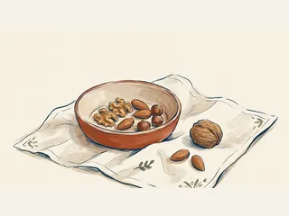 Cuenco con nueces, almendras y avellanas sobre un paño, junto a una nuez con cáscara.