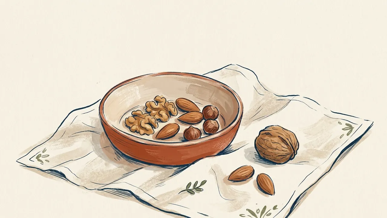 Cuenco con nueces, almendras y avellanas sobre un paño, junto a una nuez con cáscara.