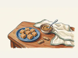 Ilustración de porciones de fudge sobre un plato azul, con crema de cacahuete y dos cacahuetes con cáscara.