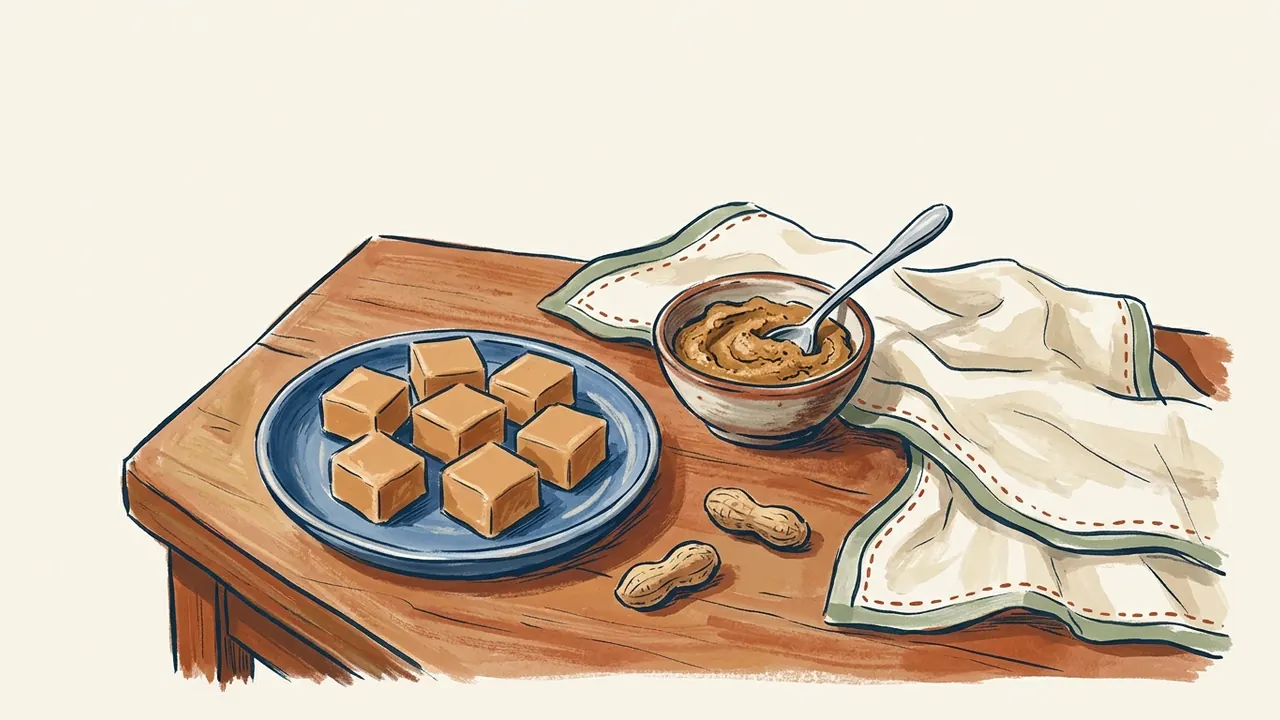 Ilustración de porciones de fudge sobre un plato azul, con crema de cacahuete y dos cacahuetes con cáscara.