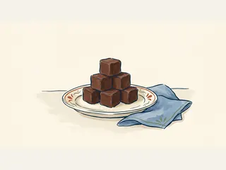 Seis piezas de fudge de chocolate apiladas en un plato, junto a un paño azul.