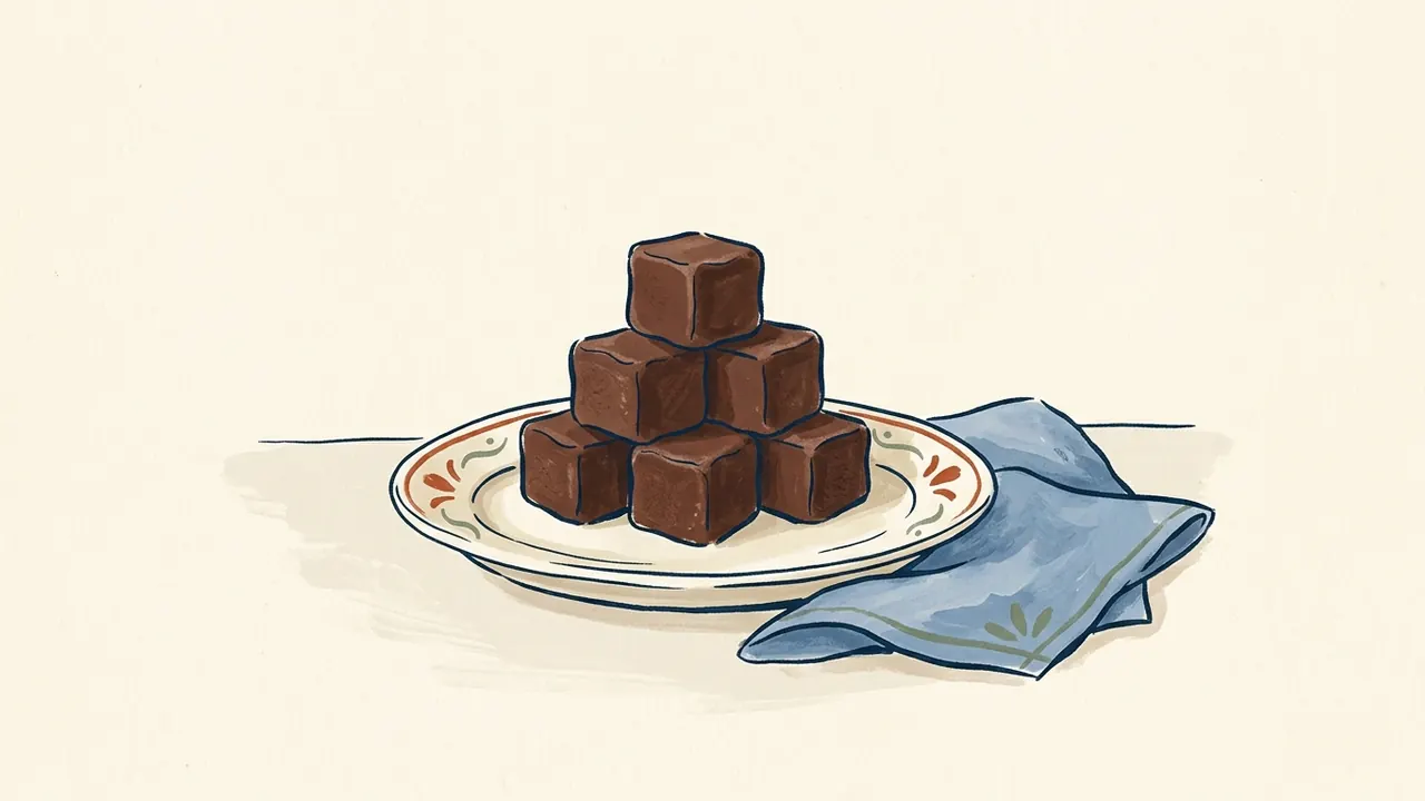 Seis piezas de fudge de chocolate apiladas en un plato, junto a un paño azul.