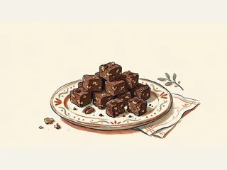 Dados de fudge de chocolate con frutos secos se apilan en un plato decorado.