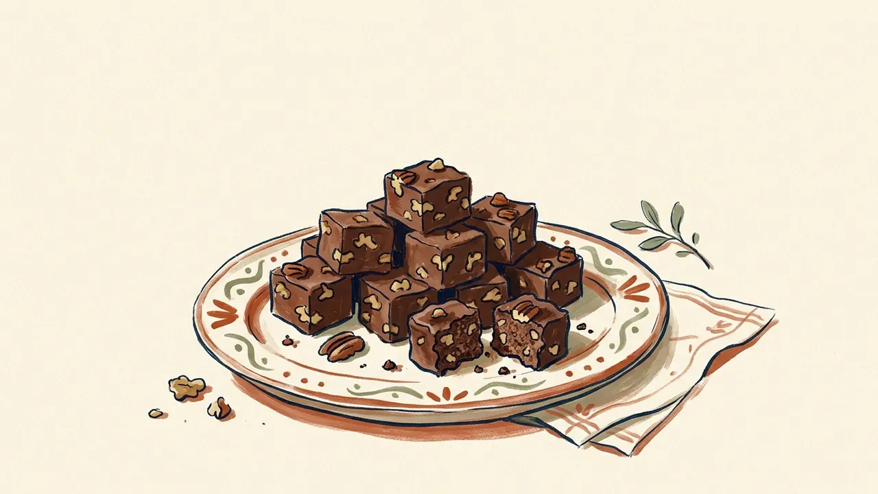 Dados de fudge de chocolate con frutos secos se apilan en un plato decorado.