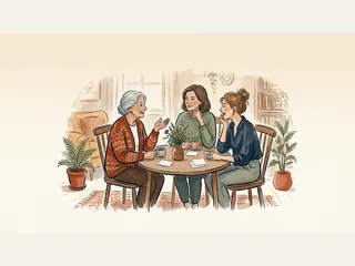 Tres amigas adultas de distintas edades conversan alrededor de una mesa con tazas, flores y tarjetas en blanco.