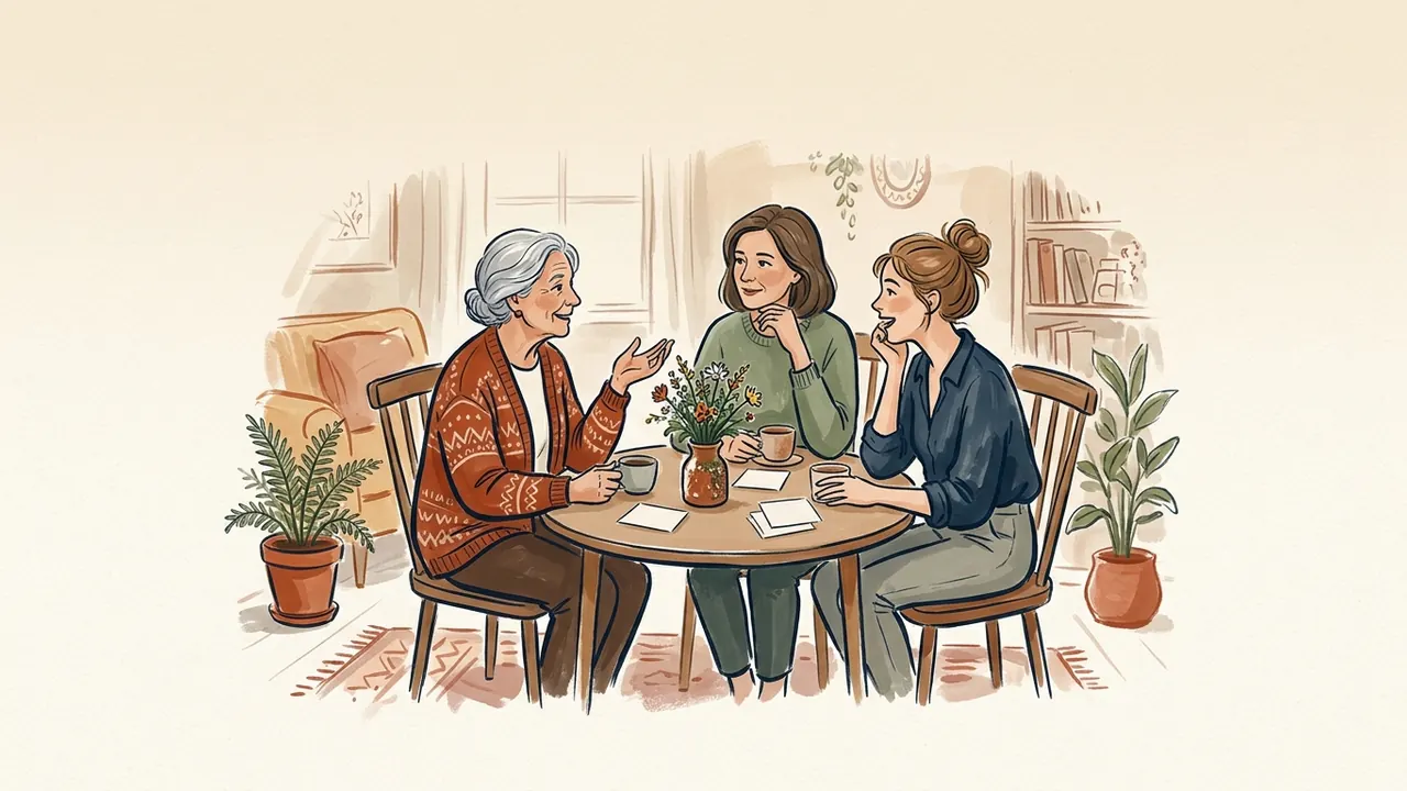 Tres amigas adultas de distintas edades conversan alrededor de una mesa con tazas, flores y tarjetas en blanco.