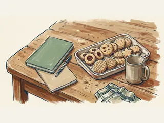 Una bandeja de galletas variadas junto a una taza y cuadernos de recetas sin texto.