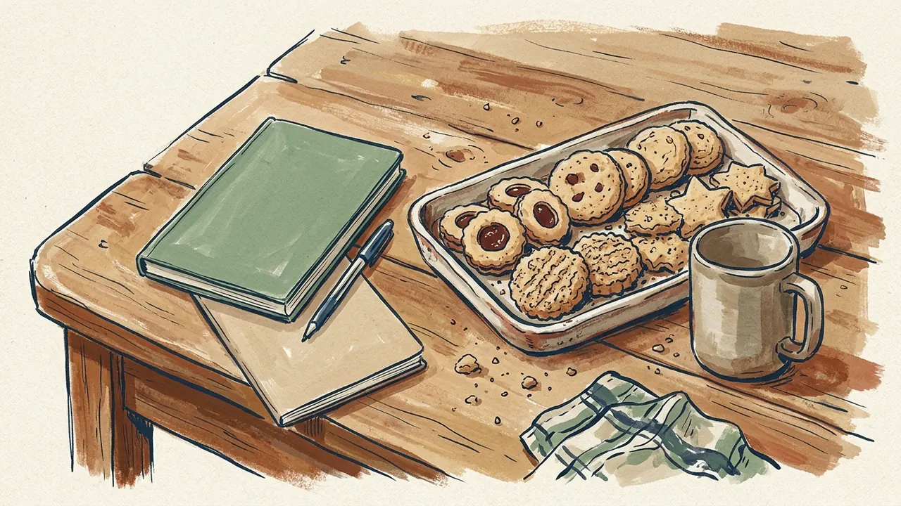 Una bandeja de galletas variadas junto a una taza y cuadernos de recetas sin texto.