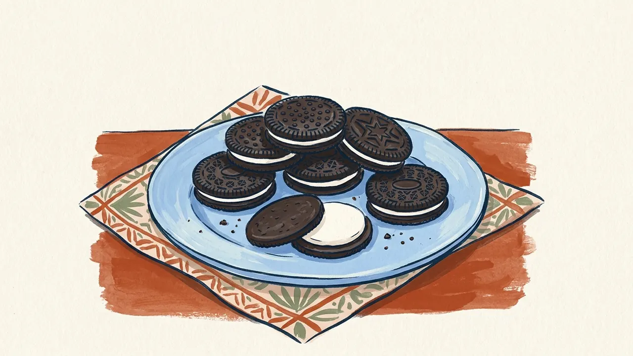 Galletas oscuras de tipo sándwich con crema blanca se sirven en un plato, con una abierta en primer plano.