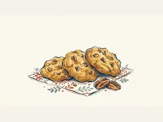 Galletas doradas con trozos de pecana sobre un paño.