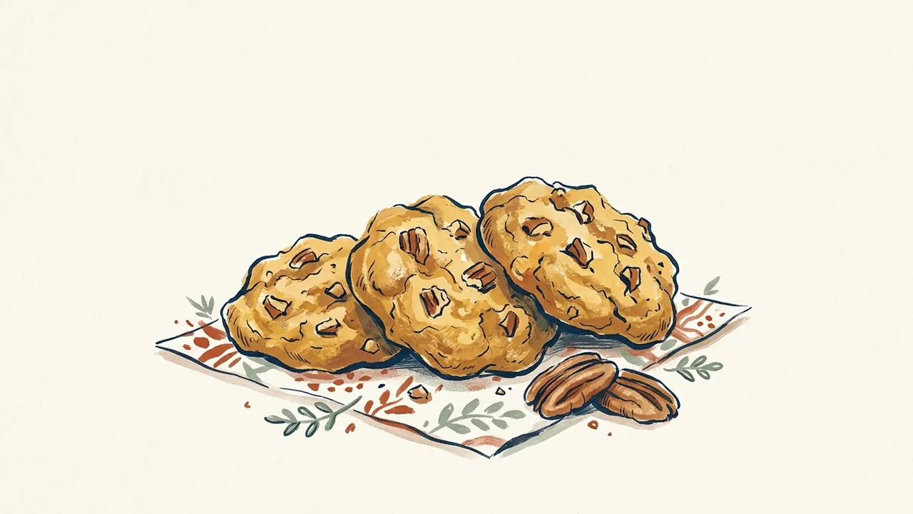 Galletas doradas con trozos de pecana sobre un paño.