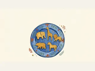 Cinco galletas con formas de animales sobre un plato azul.