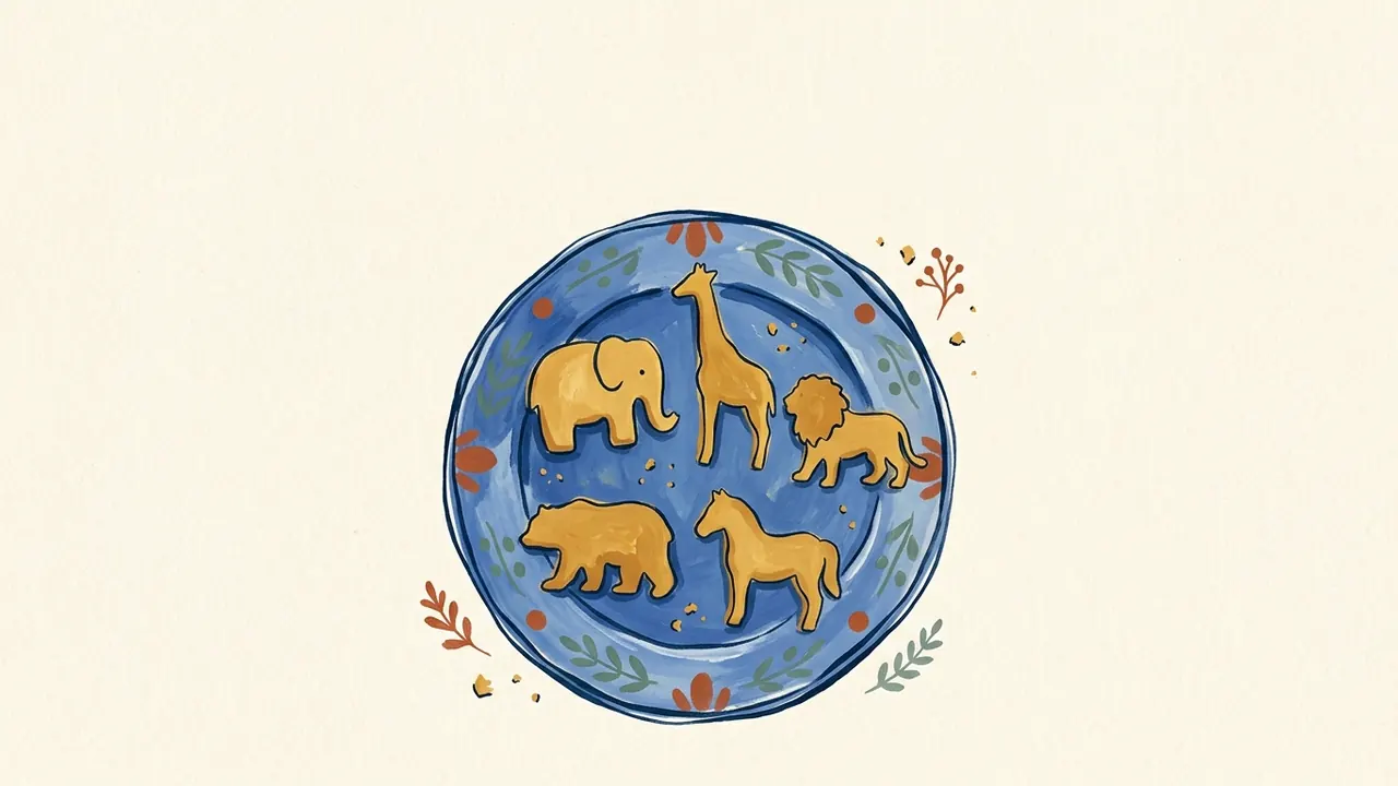 Cinco galletas con formas de animales sobre un plato azul.
