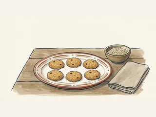 Seis galletas de avena en un plato de cerámica junto a un cuenco de copos y un paño doblado.