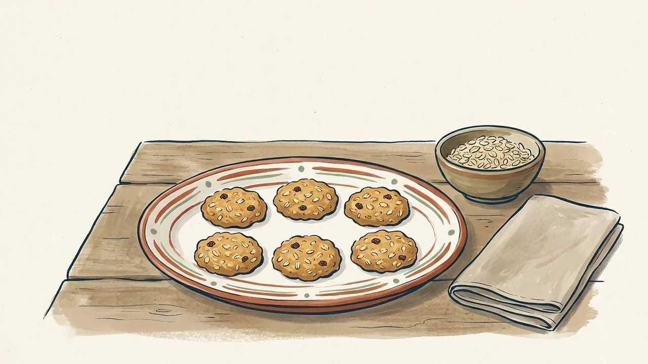 Seis galletas de avena en un plato de cerámica junto a un cuenco de copos y un paño doblado.