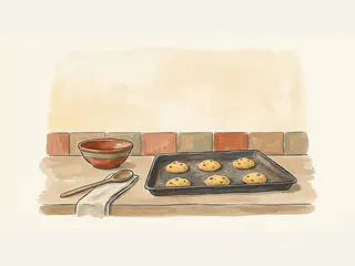 Bandeja de galletas caseras con cuenco de cerámica, cuchara de madera y paño sobre una encimera.