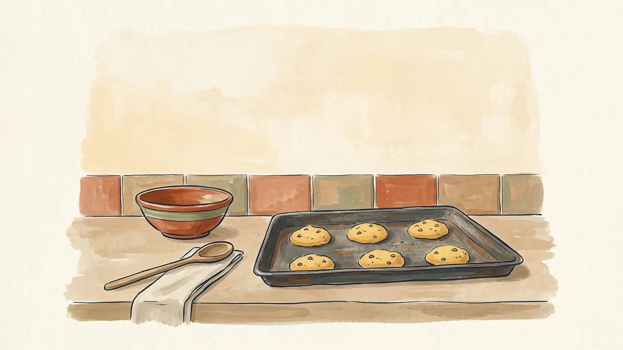 Bandeja de galletas caseras con cuenco de cerámica, cuchara de madera y paño sobre una encimera.