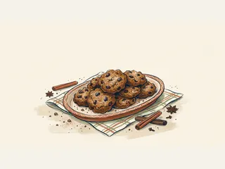 Galletas especiadas con pasas sobre una bandeja, junto a canela y clavo.